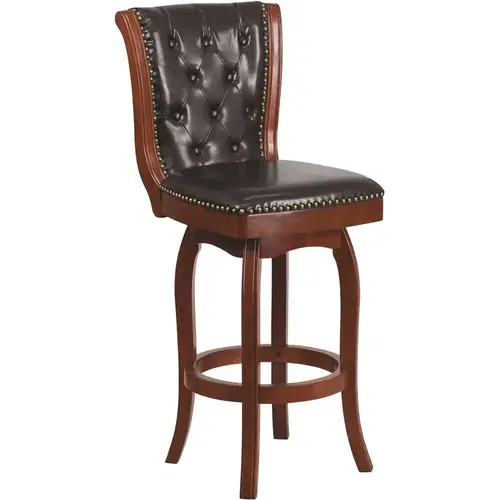 30 in. High Cherry Wood Bar Stool with Button Tufted Back and Black Leather Swivel Seat Color/Finish Family