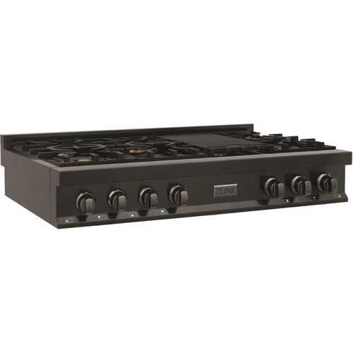 ZLINE Kitchen and Bath RTB-BR-48 48 in. 7 Burner Front Control Gas Cooktop with Brass Burners in Black Stainless Steel with Griddle