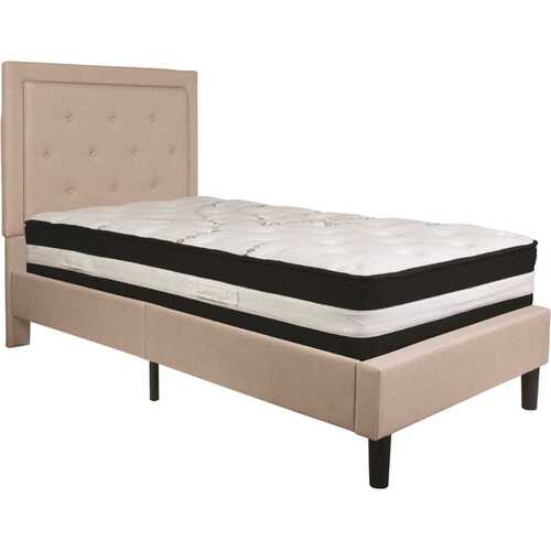 Beige Twin Platform Bed and Mattress Set