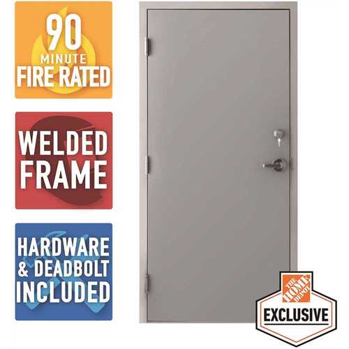 36 in. x 80 in. Fire-Rated Gray Right-Hand Flush Steel Prehung Commercial Door with Welded Frame, Deadlock and Hardware