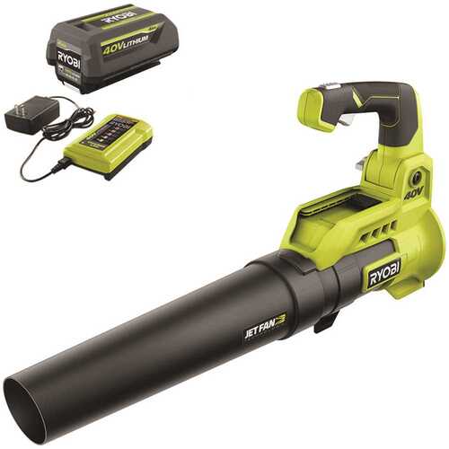 RYOBI RY40480 40V 110 MPH 525 CFM Cordless Battery Variable-Speed Jet Fan Leaf Blower with 4.0 Ah Battery and Charger