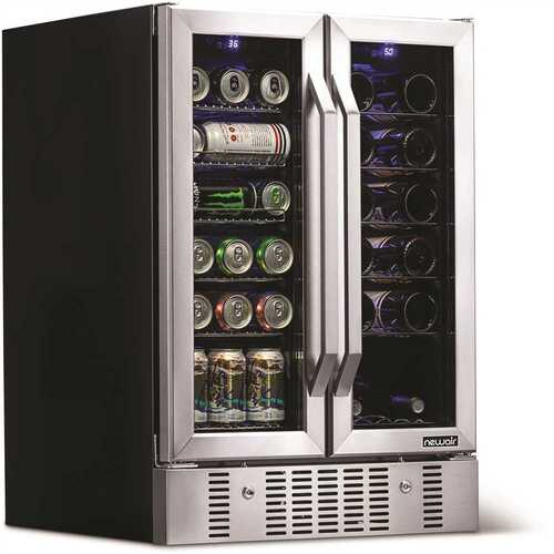 NewAir AWB-360DB Dual Zone 24 in. Built-In 18-Bottle and 58 Can Wine and Beverage Cooler Fridge with French Doors - Stainless Steel