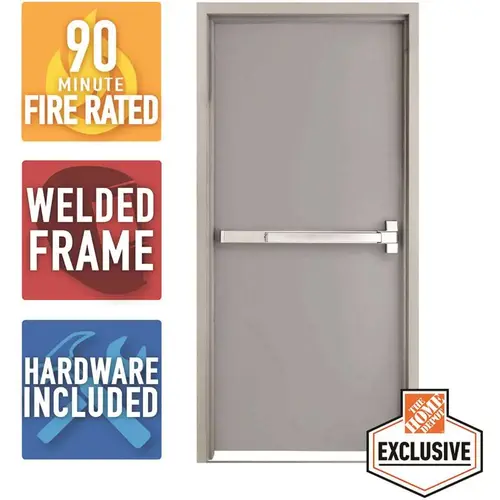 36 in. x 84 in. Fire-Rated Gray Left-Hand Flush Steel Prehung Commercial Door and Frame with Panic Bar and Hardware