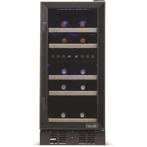 NewAir NWC029BS00 Dual Zone 15 in. 29-Bottle Built-In Wine Cooler Fridge with Quiet Operation and Beech Wood Shelve, Black Stainless Steel