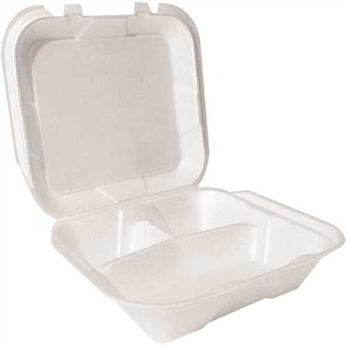 9 in. x 9 in. x 3 in. 3-Compartment Hinged Foam Container, White