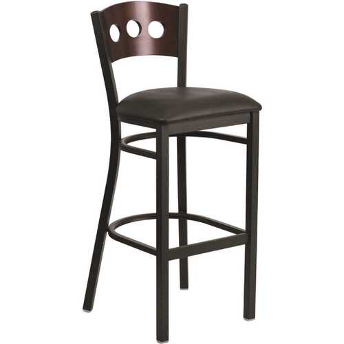 32 in. Walnut Wood Back/Black Vinyl Seat/Black Metal Frame Bar Stool