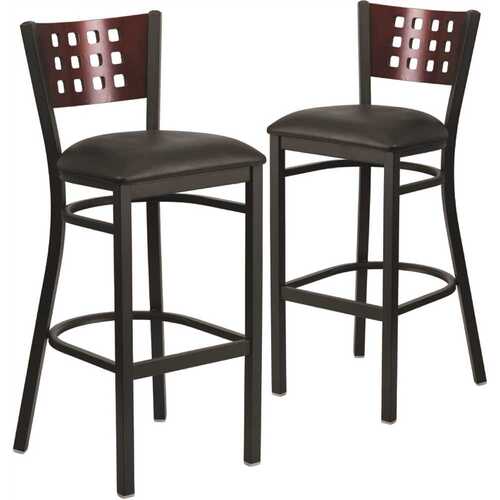 32 in. Mahogany Wood Back/Black Vinyl Seat/Black Metal Frame Bar Stool