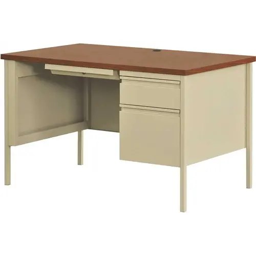 Commercial 48 in. W x 30 in. D Rectangular Shape Putty/Oak 3-Drawer Executive Desk with Right-Hand Single Pedestal File