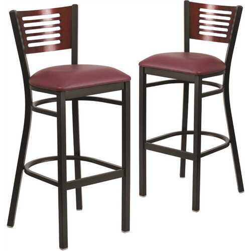 32 in. Mahogany Wood Back/Burgundy Vinyl Seat/Black Metal Frame Bar Stool