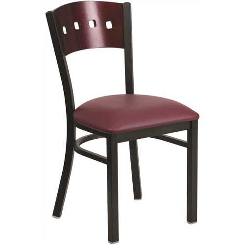 Mahogany Wood Back/Burgundy Vinyl Seat/Black Metal Frame Vinyl Dining Chair