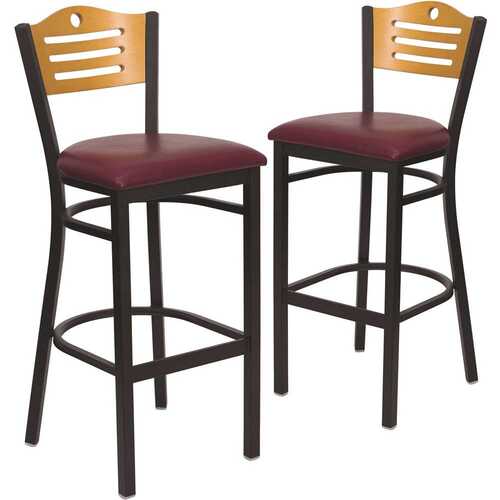 32 in. Natural Wood Back/Burgundy Vinyl Seat/Black Metal Frame Bar Stool