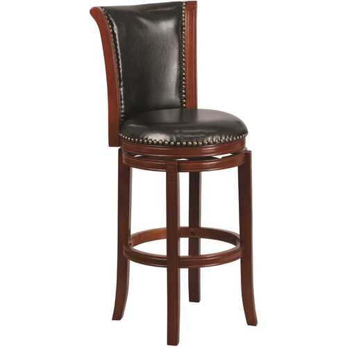 30 in. High Dark Chestnut Wood Bar Stool with Panel Back and Black Leather Swivel Seat Color/Finish Family