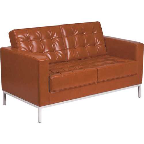 57 in. Cognac Faux Leather 2-Seater Loveseat with Square Arms