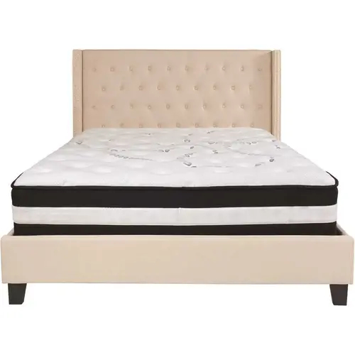 Beige Queen Platform Bed and Mattress Set