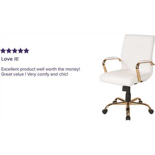 Whitney Mid-Back Faux Leather Swivel Ergonomic Office Chair in White/Gold Frame with Arms