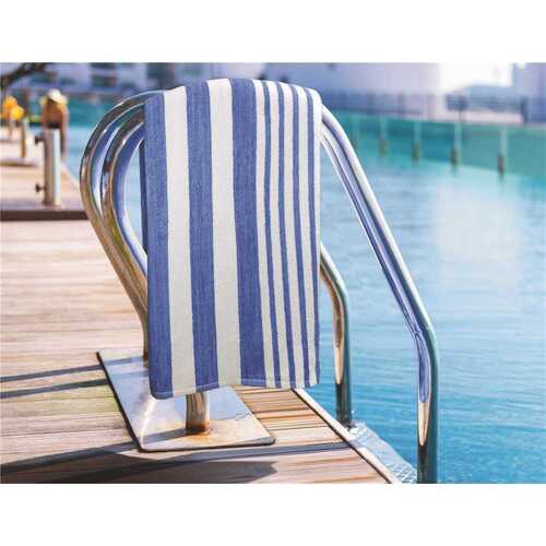 30 in. x 60 in., 9 lbs. White Pool Towel with Blue Tropical Stripes