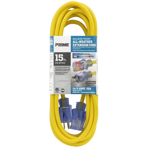 Extension Cord, 14/3 AWG Cable, 15 ft L, Yellow