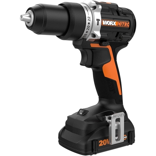 Worx WX352L Nitro Cordless Hammer Drill, Battery Included, 20 V, 2 Ah, 1/2 in Chuck, Ratcheting Chuck