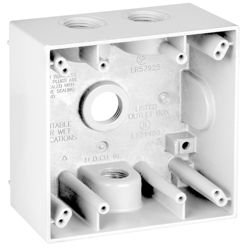 BWF 2504W-1 Outlet Box, 2-Gang, 4-Knockout, 4-1/2 in, Metal, White, Powder-Coated