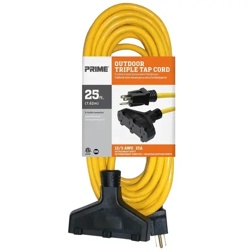 Extension Cord, 12/3 AWG Cable, 25 ft L, 15 A, 125 V, Yellow