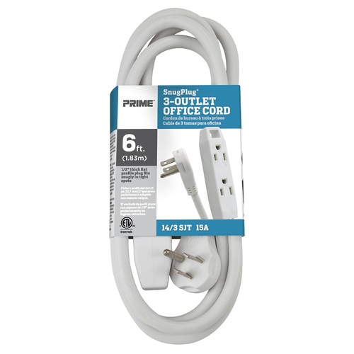 SnugPlug Extension Cord, 14/3 AWG Cable, 6 ft L, 15 A, 125 V, White