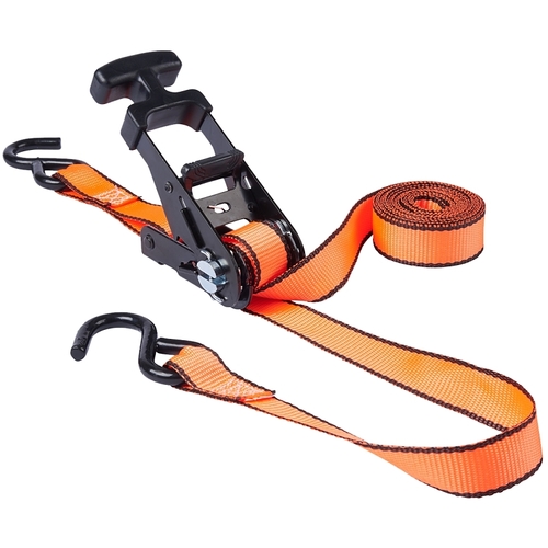 Tie Down Strap, 1 in W, 12 ft L, Hi-Viz Orange, 500 lb Working Load, S-Hook End