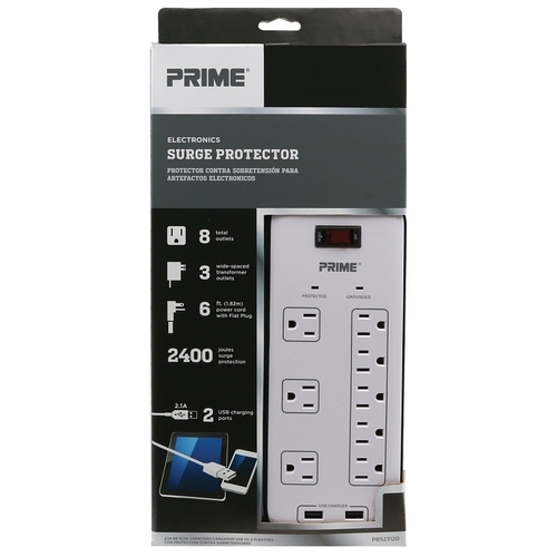 Surge Protector with USB Port 2400 J 6 ft. L 8 outlets White