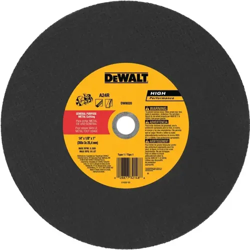 Black & Decker DW8020 Cutting Wheel, 14 in Dia, 1/8 in Thick, 1 in Arbor, Aluminum Oxide Abrasive