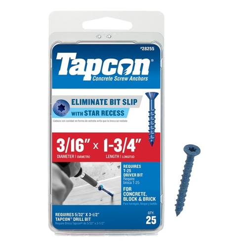 Tapcon 28255 24255 Concrete Screw Anchor, 3/16 in Dia, 1-3/4 in L, Steel, Climaseal - pack of 25