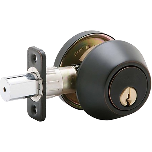 Single Cylinder Deadbolt Vis Pack Aged Bronze Finish with C Keyway, Adjustable Latch and Radius Strike