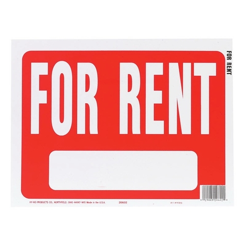 Identification Sign, Rectangular, FOR RENT, White Legend, Red Background, Plastic