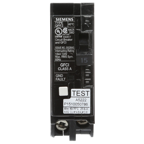 Circuit Breaker, GFCI, 15 A, 1-Pole, 120 V, Thermal Magnetic Trip, Plug-In Mounting