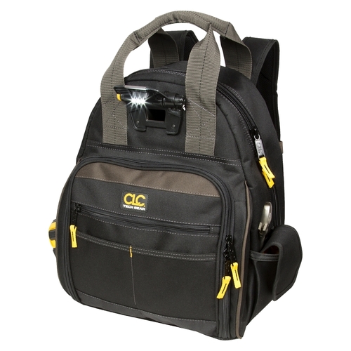 Tech Gear Backpack, 13 in W, 8 in D, 16 in H, 53-Pocket, Polyester, Black