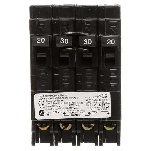 Triplex 2-Outer 20 Amp Single-Pole and 1-Inner 30 Amp Double-Pole Circuit Breaker Black
