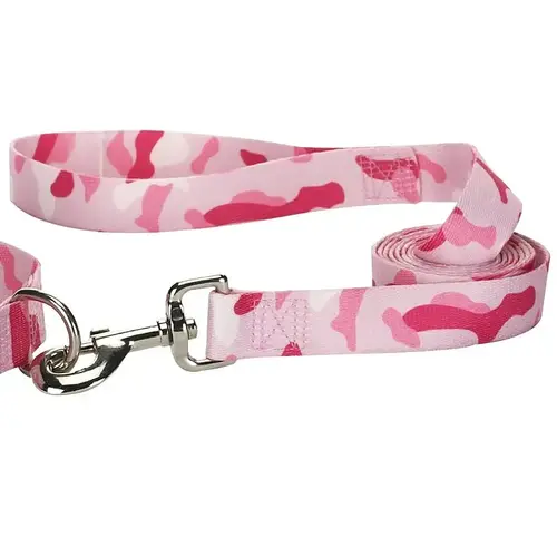 Camo Dog Leash Lead, 4 ft L, 5/8 in W, Nylon Line, Pink, Fastening Method: Swivel Snap