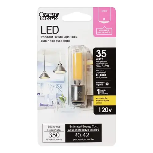 LED Bulb, Linear, T4 Lamp, 35 W Equivalent, Bayonet Lamp Base, Dimmable, Warm White Light - pack of 6