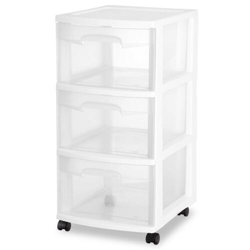 Drawer Cart, 3-Drawer, Plastic, 12-5/8 in OAW, 14-1/2 in OAH, 24 in OAD Clear/White