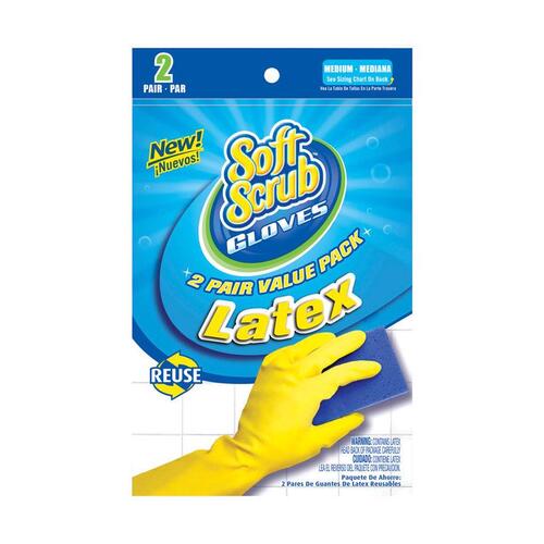 SOFT SCRUB 12322-26 Latex Gloves, Yellow With Flocked Lining, Medium, 2-Pr. Pair