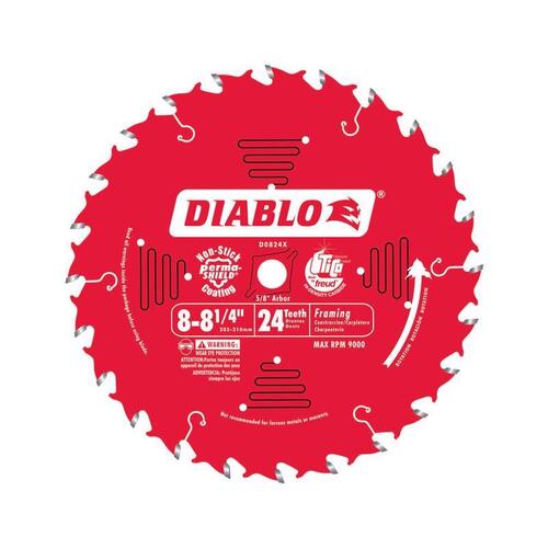 Circular Saw Blade, 8 to 8-1/4 in Dia, 5/8 in Arbor, 24-Teeth, Carbide Cutting Edge Perma-Shield