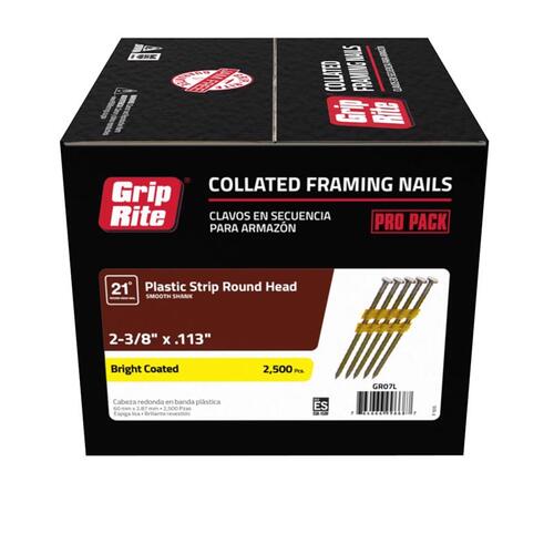 Grip-Rite GR07L Framing Nails 2-3/8" 12 Ga. Angled Strip 21 deg Smooth Shank Bright