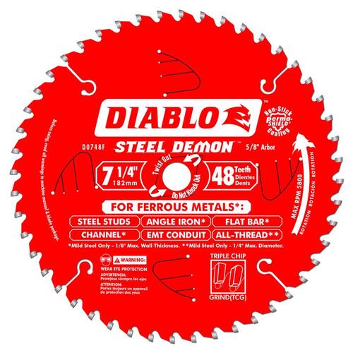 Diablo D0748CFA Steel Demon Circular Saw Blade, 7-1/4 in Dia, 5/8 in Arbor, 48-Teeth, Cermet Cutting Edge