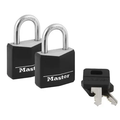 Padlock, Keyed Alike Key, 3/16 in Dia Shackle, Steel Shackle, Brass Body, 1-3/16 in W Body Pair Black