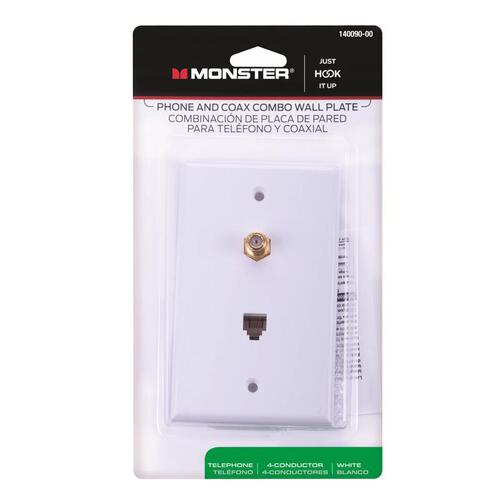 Monster 140090-00 Wall Plate Just Hook It Up White 1 gang Plastic Coax/Phone White