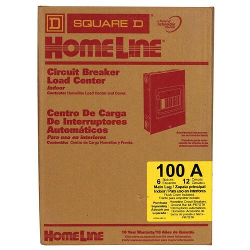 Homeline Load Center, 100 A, 6 -Space, 12 -Circuit, Main Lug, NEMA 1 Enclosure, Gray