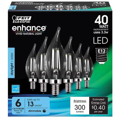 LED Bulb, Decorative, B10 Lamp, 60 W Equivalent, E12 Lamp Base, Dimmable Clear - pack of 6