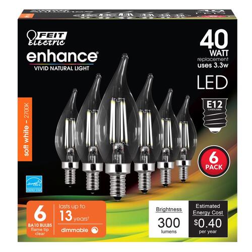 LED Bulb, Decorative, Flame Tip Lamp, 40 W Equivalent, E12 Lamp Base, Dimmable Clear - pack of 6