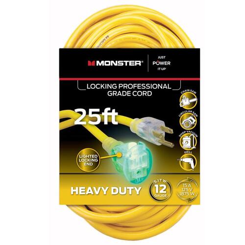 Monster 1503 Extension Cord Just Power It Up Outdoor 25 ft. L Yellow 12/3 SJTW Yellow