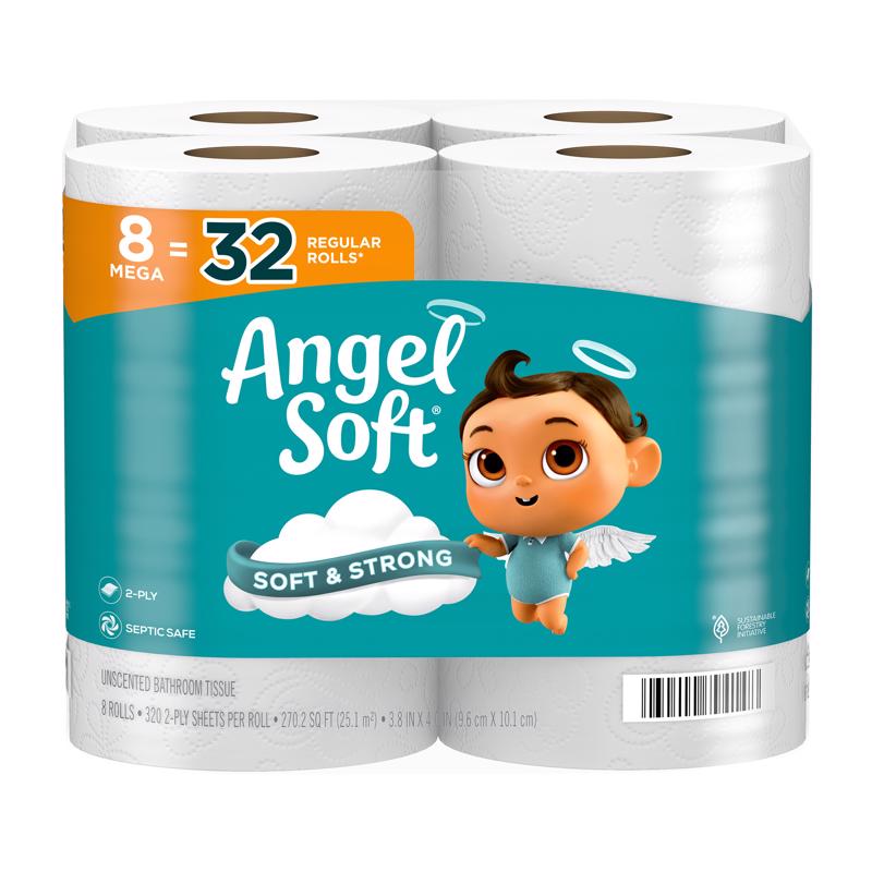 ANGEL SOFT 79414 Toilet Tissue, 4 x 3.8 in Sheet, 1280 in L Roll, 2-Ply, Paper White - pack of 8