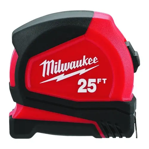 Tape Measure, 25 ft L Blade, 1.65 in W Blade, Steel Blade, ABS Case, Black/Red Case