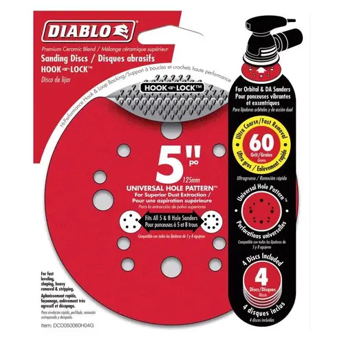 Sanding Disc, 5 in Dia, 60 Grit, Ultra Coarse, Ceramic Abrasive, 12-Hole - pack of 4